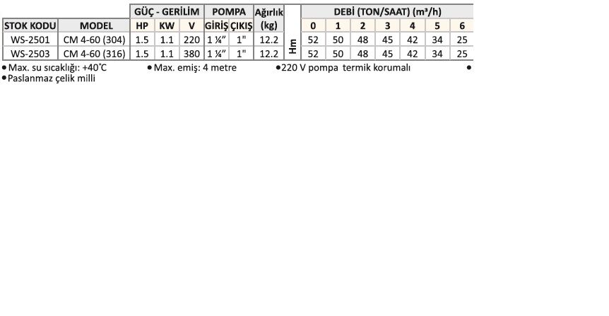 WATER SOUND CM 4-60 (304) 1,5 HP 220V YATIK MİLLİ ÇOK KADEMELİ PASLANMAZ ÇELİK SANTRİFÜJ POMPA