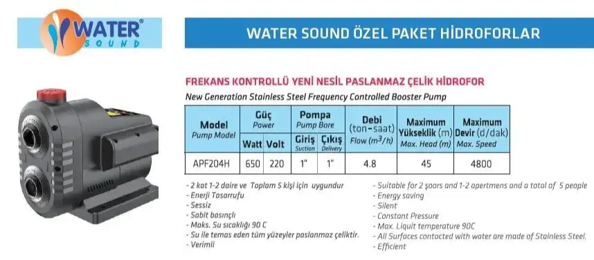 Water Sound APF204H 0.85 HP frekans kontrollü paslanmaz çelik hidrofor