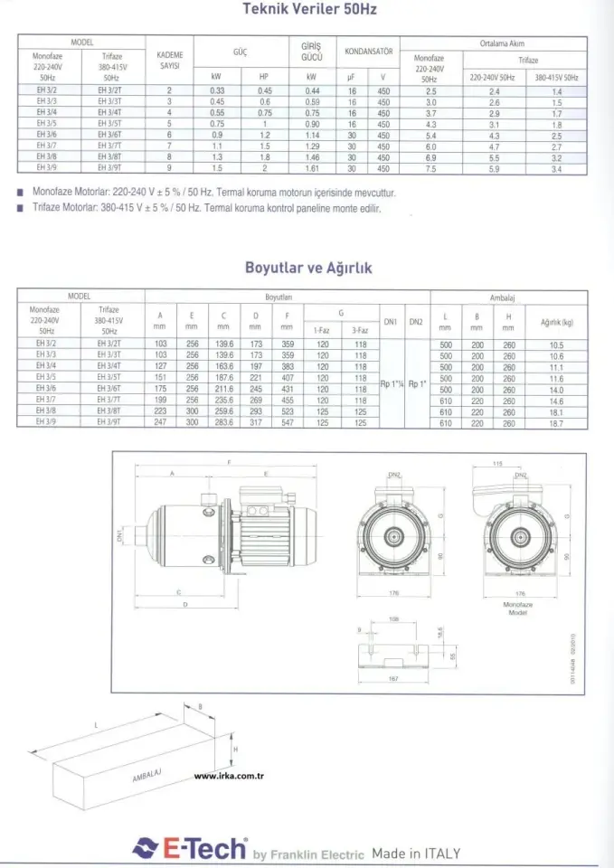 Etech EH 3/5 1 Hp Yatay Çok Kademeli Pompa