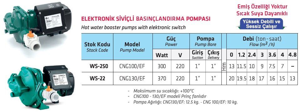 WATER SOUND CNG100/EF, 300W-220V ELEKTRONİK SİVİÇLİ SICAK SU POMPASI