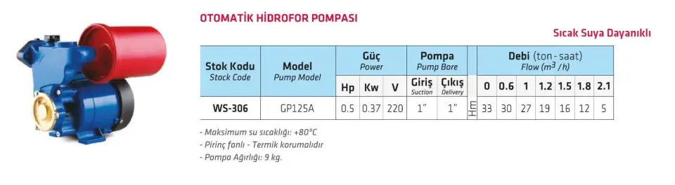 Water Sound GP125A Otomatik Sıcak Su Hidroforu 3 Bar 2.1 m³/h