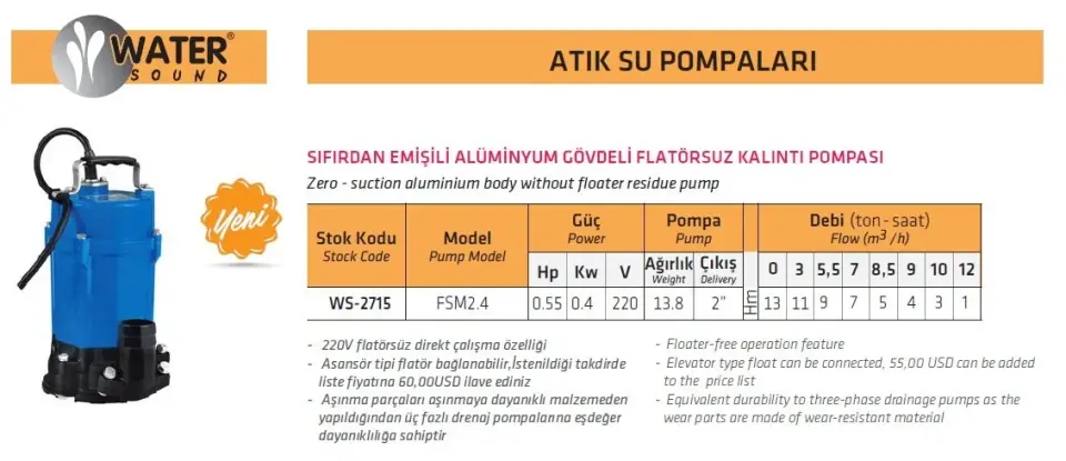 WATER SOUND FSM2.4 - 0.55 HP 220V- ALÜMİNYUM GÖVDELİ SIFIRDAN EMİŞLİ KALINTI POMPASI