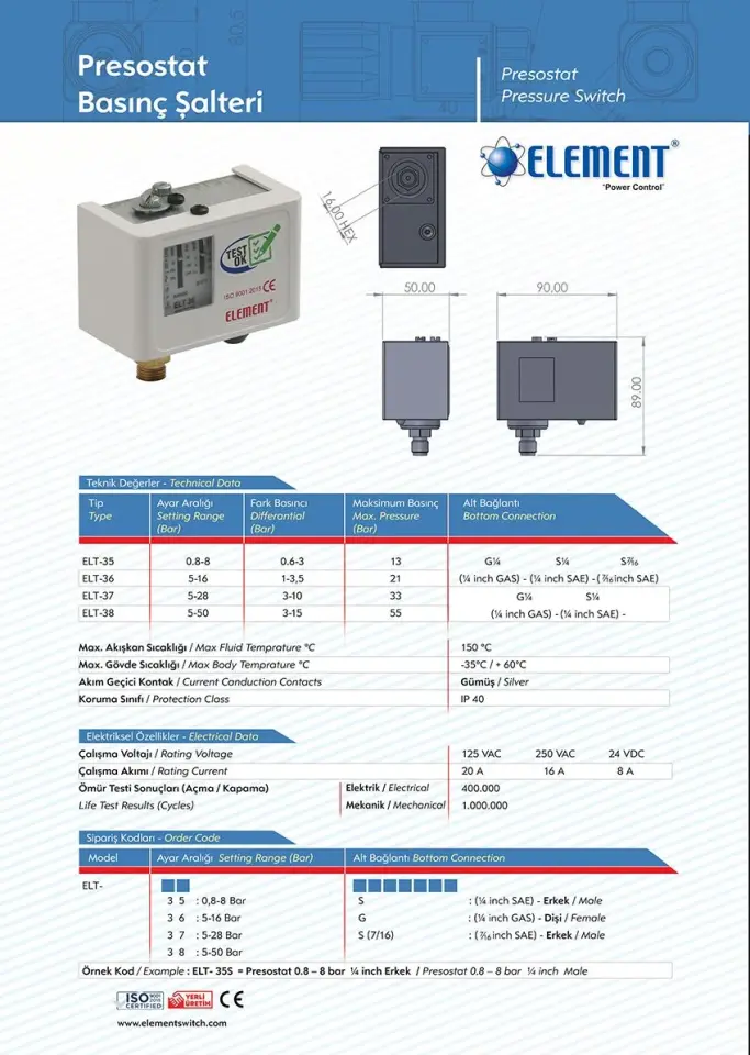 Element ELT-35 G ¼'' İç Diş (1-8 Bar) Presostat