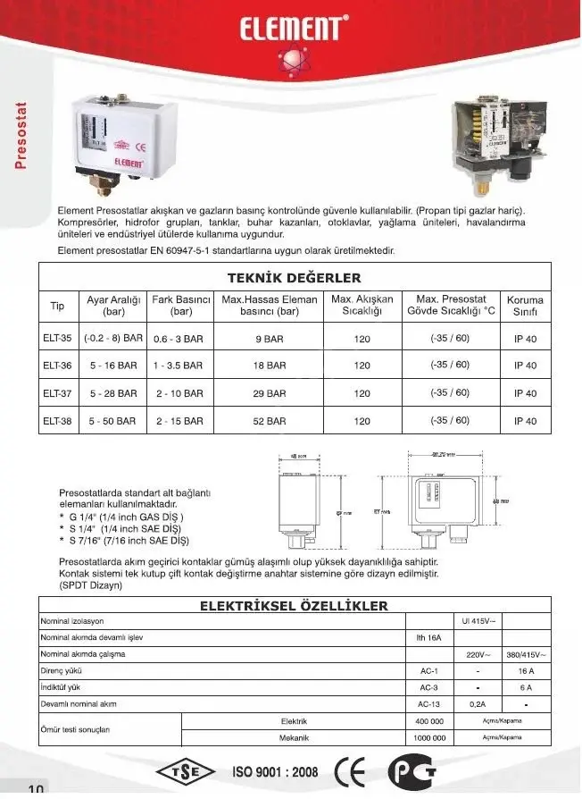 Element ELT-35 G ¼'' İç Diş (1-8 Bar) Presostat