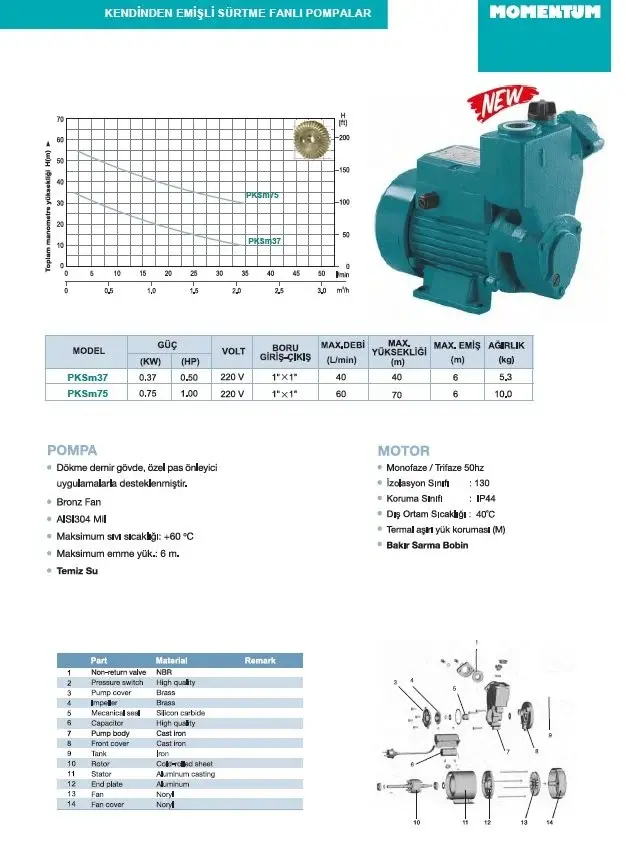 Momentum PKSm37 0.50Hp 220V Kendinden Emişli Sürtme Fanlı Pompa
