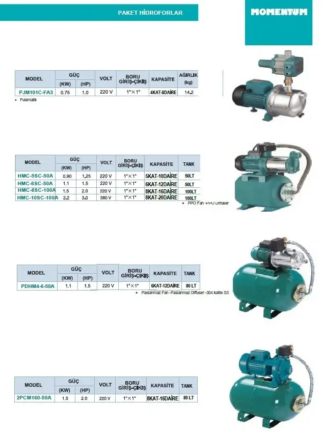 MOMENTUM HMC-5SC-50A 1.25HP 220V KADEMELİ PAKET HİDROFOR