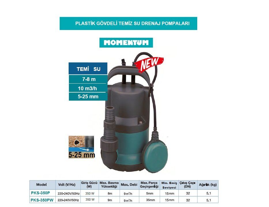 Momentum PKS-350P 350W 220V Plastik Gövdeli Temiz Su Drenaj Dalgıç Pompa