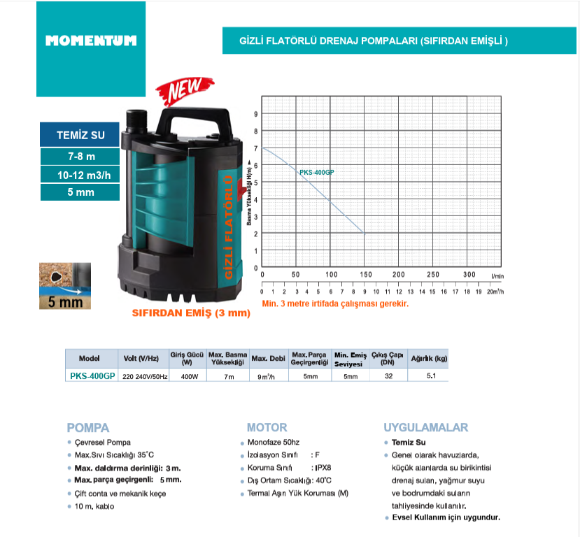 MOMENTUM PKS-400GP GİZLİ FLATÖRLÜ DRENAJ POMPASI 9m3/h