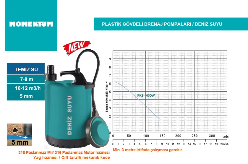 Momentum PKS-400DW 400W-220V Plastik Gövdeli Deniz Su Drenaj Dalgıç Pompa