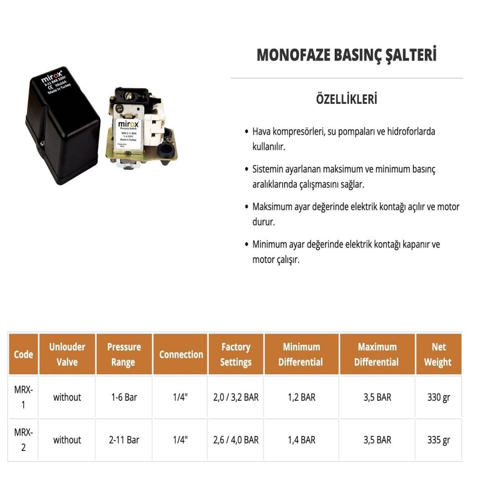 MİROX Monofaze 1-6 Tahliyesiz Basınç Şalteri 1/4'' Bağlantı
