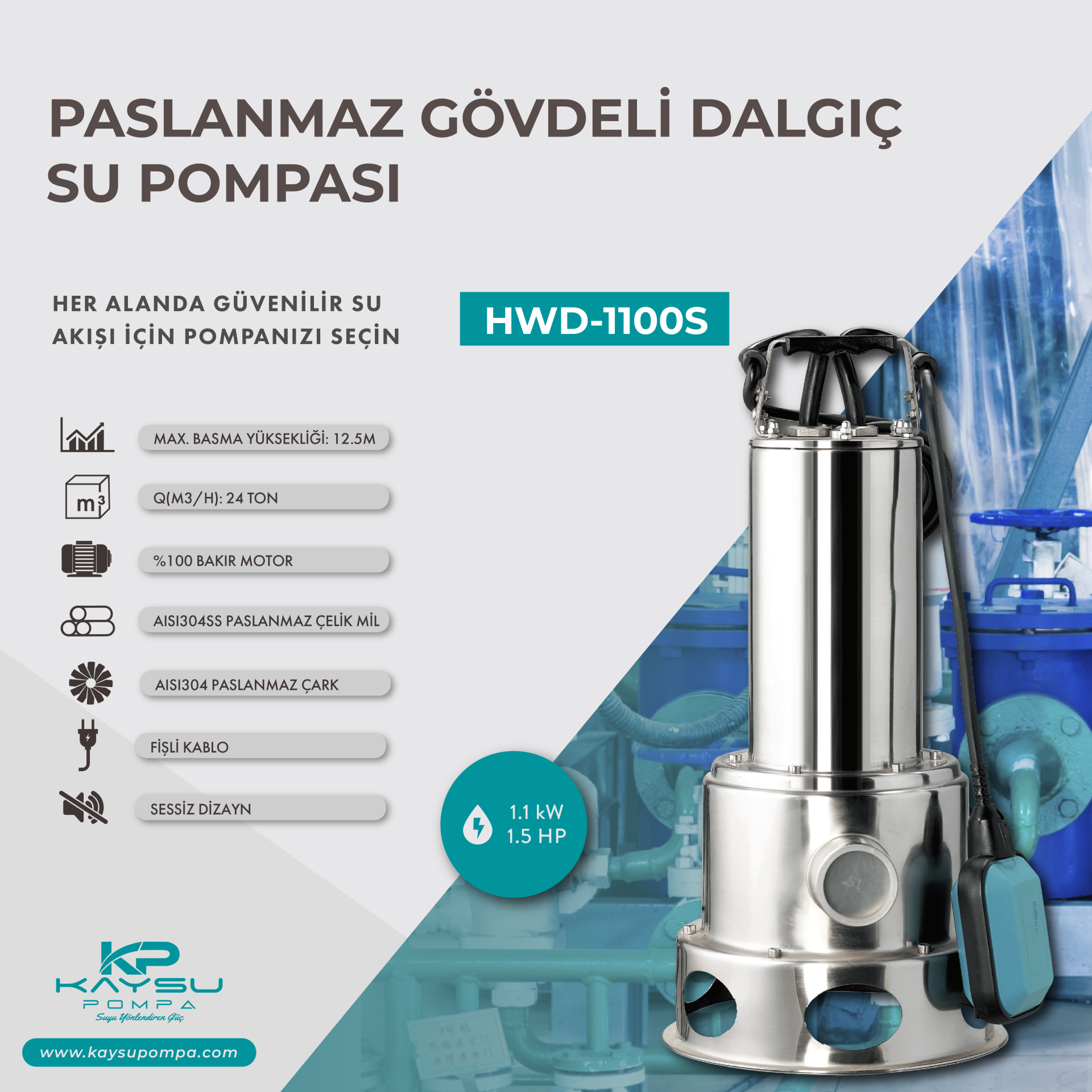 Kaysu HWD-1100S paslanmaz kirli su dalgıç pompası