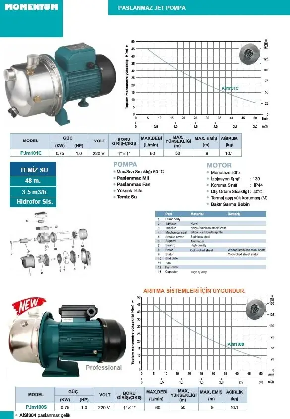 MOMENTUM PJm100S -1Hp -220v -Paslanmaz Gövdeli Jet Pompa